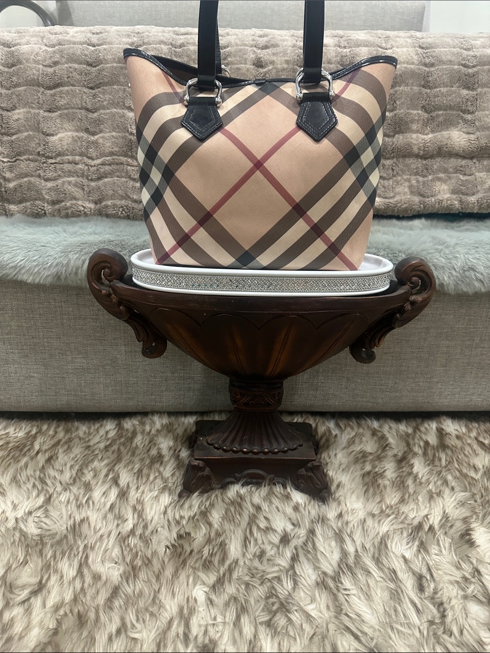 BURBERRY Beige Plaid Tote with Black Trim silver hardware inside pocket